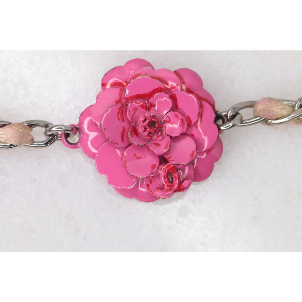 Chanel 2004 Spring 04P Pink Camellia Flower Leather Chain Bracelet LegitApp Auth